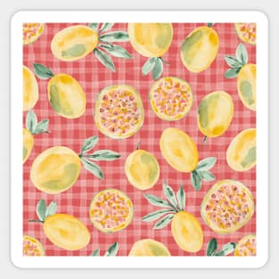 Watercolor painting of yellow passion fruit on coral textured background Sticker